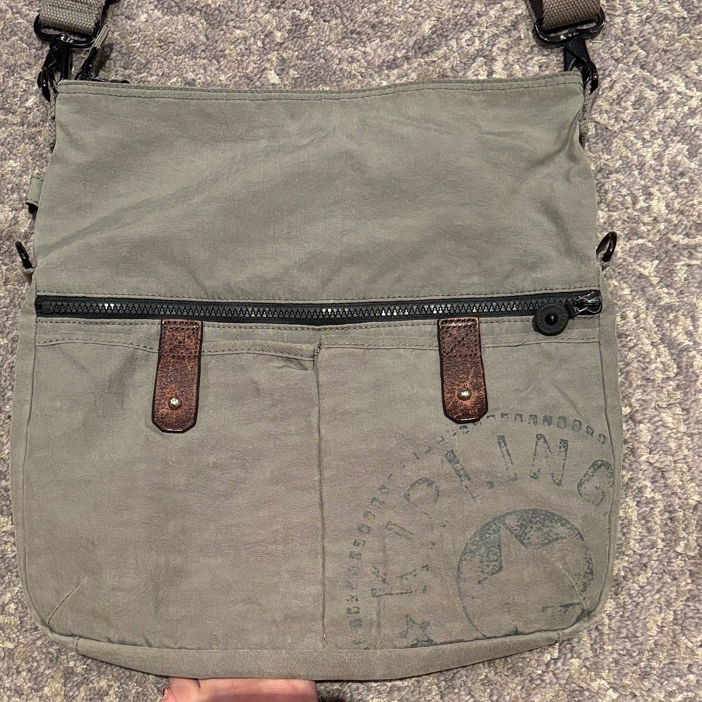 Kipling Khaki Messenger Bag with Brown Accents
